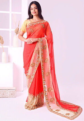 Hand Embroidered Georgette Saree in Coral Red