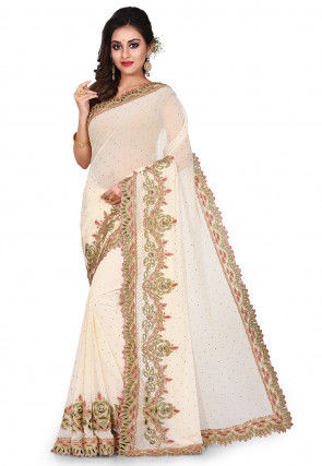 Hand Embroidered Georgette Saree in Cream