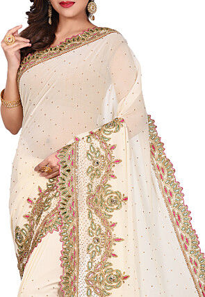 Hand Embroidered Georgette Saree in Cream
