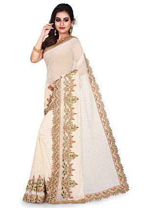 Hand Embroidered Georgette Saree in Cream