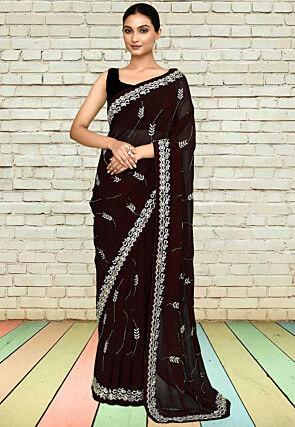 Hand Embroidered Georgette Saree in Dark Brown
