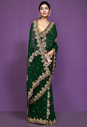 Hand Embroidered Georgette Saree in Dark Green