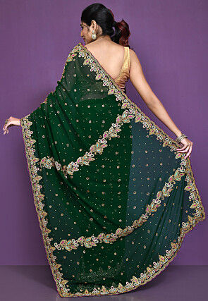 Hand Embroidered Georgette Saree in Dark Green