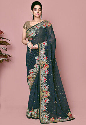 Hand Embroidered Georgette Saree in Dark Grey