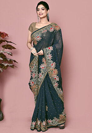 Hand Embroidered Georgette Saree in Dark Grey