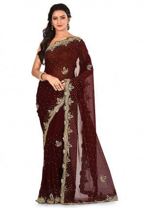 Hand Embroidered Georgette Saree in Dark Maroon