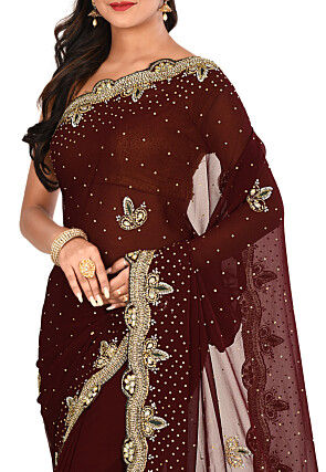 Hand Embroidered Georgette Saree in Dark Maroon