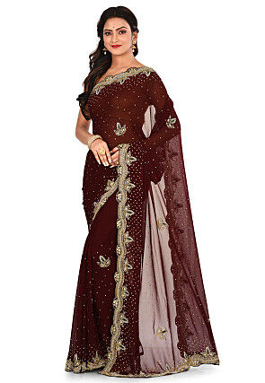 Hand Embroidered Georgette Saree in Dark Maroon