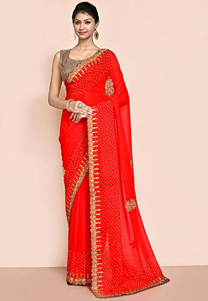 Hand Embroidered Georgette Saree in Dark Orange