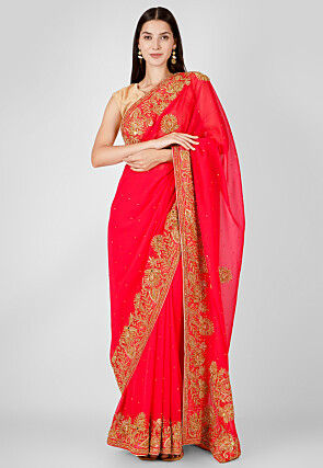 Hand Embroidered Georgette Saree in Fuchsia