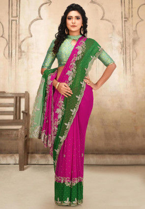 Hand Embroidered Georgette Saree in Fuchsia