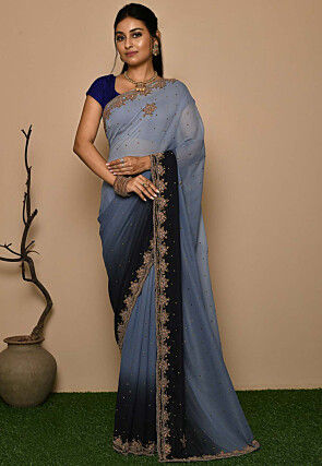Hand Embroidered Georgette Saree in Grey and Dusty Blue