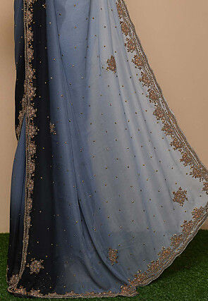 Hand Embroidered Georgette Saree in Grey and Dusty Blue
