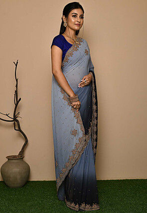 Hand Embroidered Georgette Saree in Grey and Dusty Blue