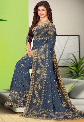 Hand Embroidered Georgette Saree in Grey