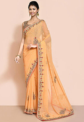Hand Embroidered Georgette Saree in Light Orange