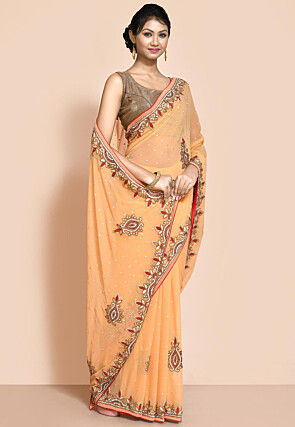 Hand Embroidered Georgette Saree in Light Orange