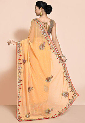 Hand Embroidered Georgette Saree in Light Orange