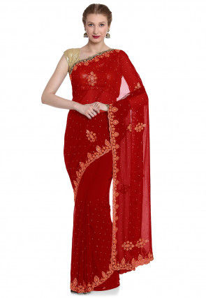 Hand Embroidered Georgette Saree in Red