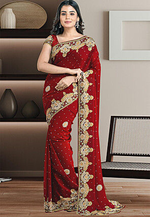Hand Embroidered Georgette Saree in Maroon