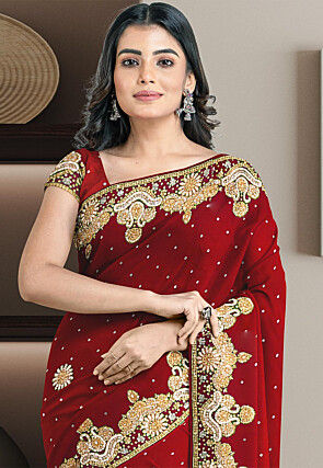 Hand Embroidered Georgette Saree in Maroon