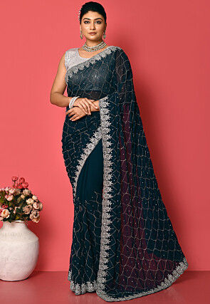 Hand Embroidered Georgette Saree in Navy Blue