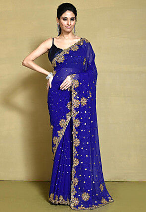 Hand Embroidered Georgette Saree in Navy Blue