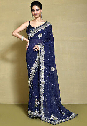 Hand Embroidered Georgette Saree in Navy Blue