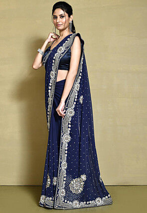 Hand Embroidered Georgette Saree in Navy Blue
