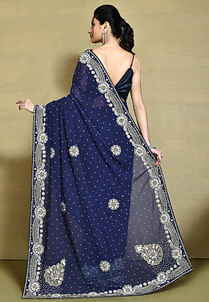 Hand Embroidered Georgette Saree in Navy Blue