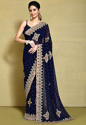 Hand Embroidered Georgette Saree in Navy Blue