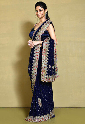 Hand Embroidered Georgette Saree in Navy Blue