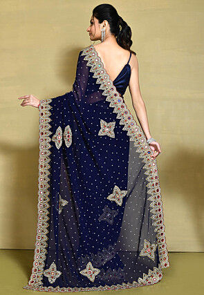 Hand Embroidered Georgette Saree in Navy Blue