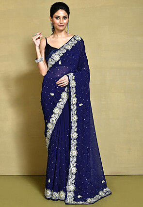 Hand Embroidered Georgette Saree in Navy Blue