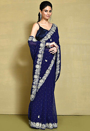 Hand Embroidered Georgette Saree in Navy Blue