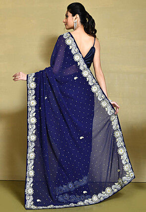 Hand Embroidered Georgette Saree in Navy Blue