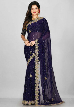 Hand Embroidered Georgette Saree in Navy Blue