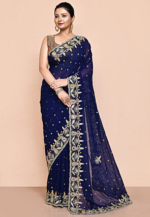 Hand Embroidered Georgette Saree in Navy Blue