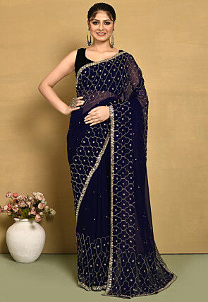 Hand Embroidered Georgette Saree in Navy Blue
