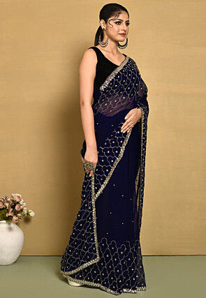Hand Embroidered Georgette Saree in Navy Blue