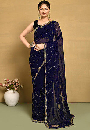 Hand Embroidered Georgette Saree in Navy Blue