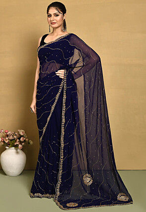 Hand Embroidered Georgette Saree in Navy Blue