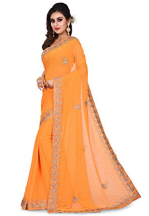Hand Embroidered Georgette Saree in Orange