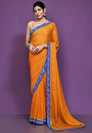 Peach orange saree with golden blue border - Sri Kumaran Stores