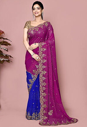 Hand Embroidered Georgette Saree in Dark Pink and Blue