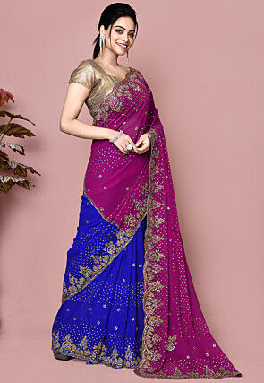 Hand Embroidered Georgette Saree in Dark Pink and Blue
