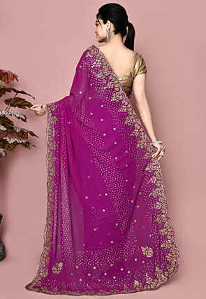 Hand Embroidered Georgette Saree in Dark Pink and Blue