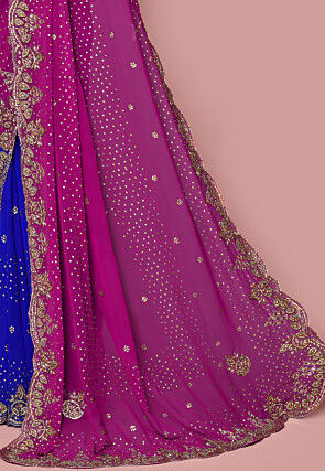 Hand Embroidered Georgette Saree in Dark Pink and Blue