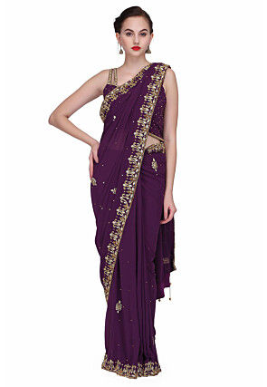 Hand Embroidered Georgette Saree in Purple
