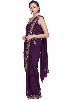 Hand Embroidered Georgette Saree in Purple